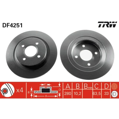 Bilde av TRW DF4251 Bremseskiver 280 10,2 4 108 fullt ut spraylakkert FORD: Focus Mk1 Hatchback, Stasjonsvogn
