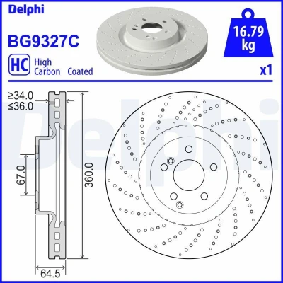 Bilde av DELPHI BG9327C Bremseskiver 360 36 5 ventilert, hullet belagt høy karbon uten hjullager, ABS sensorring MERCEDES BENZ: E Klasse T modell