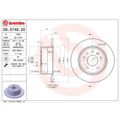 Bilde av BREMBO 08.5748.20 Bremseskiver 270 10 5 fullt ut med skruer OPEL: Calibra A, Vectra A Sedan