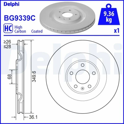 Bilde av DELPHI BG9339C Bremseskiver 350 28 5 ventilert belagt høy karbon uten hjullager, ABS sensorring AUDI: Q7, e tron, A6 C8 Sedan