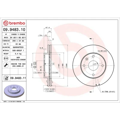 Bilde av BREMBO COATED DISC LINE 09.9483.11 Bremseskiver 256 24 4 innvendig ventilert belagt CHEVROLET: Epica Sedan, Nubira Stasjonsvogn, Lacetti Sedan
