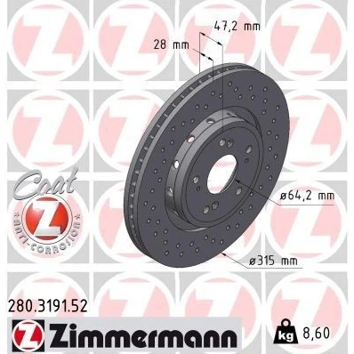 Bilde av ZIMMERMANN 280.3191.52 Bremseskiver 315 28 9/5 5 114 utvendig ventilert, hullet belagt HONDA: CR V 4