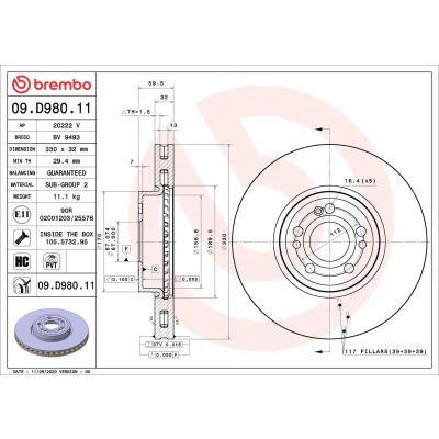 Bilde av BREMBO 09.D980.11 Bremseskiver 330 32 5 innvendig ventilert belagt høy karbon med skruer