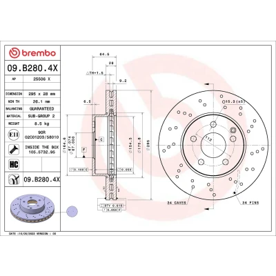 Bilde av BREMBO Bremseskive MERCEDES BENZ: E Klasse T modell, Sedan, C Sedan 295mm 28mm 5 perforert / ventilert belagt 09.B280.4X 2044210712