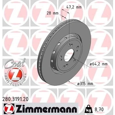 Bilde av ZIMMERMANN 280.3191.20 Bremseskiver 315 28 9/5 5 114 utvendig ventilert belagt HONDA: CR V 4