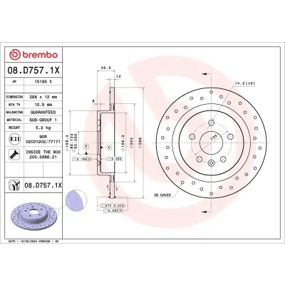 Bilde av BREMBO Bremseskive OPEL: Astra K Sports Tourer, Hatchback 288mm 12mm 5 fullt ut, hullet belagt 08.D757.1X 13509120,13515914 Bremseskiver