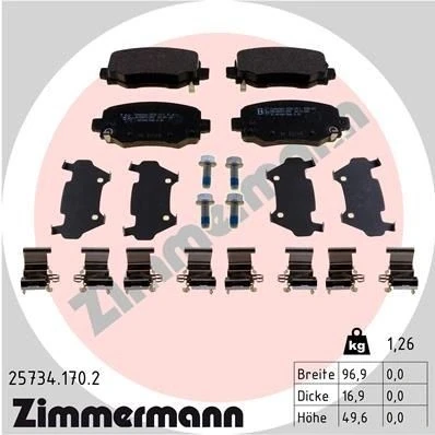 Bilde av ZIMMERMANN 25734.170.2 Bremseklosser med akustisk slitasjevarsel skruer Bildet viser leveranseinnholdet, glideplate JEEP: Cherokee V