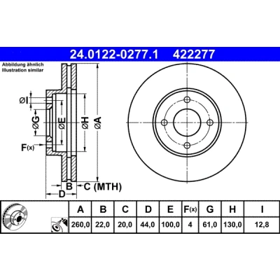Bilde av ATE 24.0122 0277.1 Bremseskiver 260,0 22,0 4 100,0 ventilert belagt NISSAN: Note II Hatchback, MICRA
