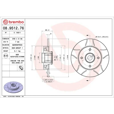Bilde av BREMBO 08.9512.76 Bremseskiver 249 9 4 fullt ut, med sliss hjullagersett PEUGEOT: 2008 Stasjonsvogn, 207 Hatchback, 307 SW, CITROËN: DS3 Hatchback