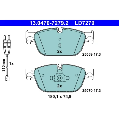 Bilde av ATE Ceramic 13.0470 7279.2 Bremseklosser inkl. slitasjevarselkontakt PEUGEOT: 508 I SW, 308 Hatchback, 407 CITROËN: C5 III Stasjonsvogn