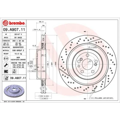 Bilde av BREMBO 09.A907.11 Bremseskiver 360 26 5 perforert / ventilert, med sliss belagt høy karbon skruer