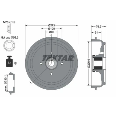 Bilde av TEXTAR 94037900 Bremsetrommel med integrert magnetisk senorring, hjullager, uten hjulfestebolt, hjulnav 273 PEUGEOT: 207 Hatchback