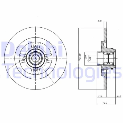 Bilde av DELPHI BG9025RS Bremseskiver 238 8 4 fullt ut oljet ubehandlet med hjullager, ABS senorring RENAULT: CLIO 2