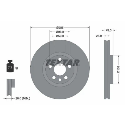 Bilde av TEXTAR 92115003 Bremseskiver 285 28 05/06 98 innvendig ventilert belagt uten hjulfestebolt, hjulnav PRO+ PEUGEOT: 807, Expert I Van, CITROËN: C8