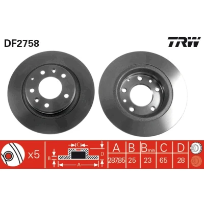 Bilde av TRW DF2758 Bremseskiver 288 25 5 100 ventilert spraylakkert høy karbon VOLKSWAGEN: GOLF 3, Passat B3/B4 Stasjonsvogn
