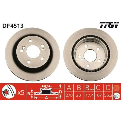 Bilde av TRW DF4513 Bremseskiver 278 20 5 112 ventilert spraylakkert MERCEDES BENZ: C Klasse Sedan, E T modell, W124 Stasjonsvogn