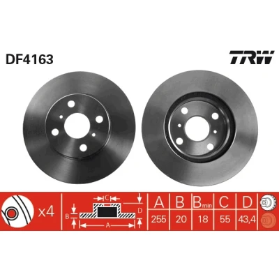 Bilde av TRW DF4163 Bremseskiver 255 20 4 100 ventilert spraylakkert TOYOTA: Yaris I Hatchback, Verso, MR2 III Cabrio