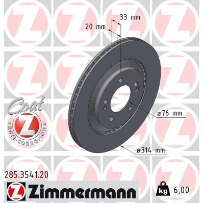 Bilde av ZIMMERMANN Bremseskive HYUNDAI: Kona SUV, i30 III Hatchback 314mm 20mm 7/5 5 hull 114mm utvendig ventilert belagt 285.3541.20 58411K9500,58411S0500