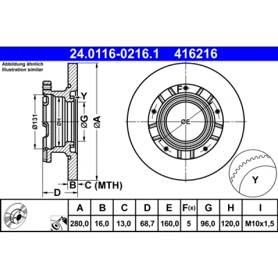 Bilde av ATE 24.0116 0216.1 Bremseskiver 280,0 16,0 5 160,0 fullt ut belagt med ABS senorring FORD: Transit Mk6 Van, Minibuss