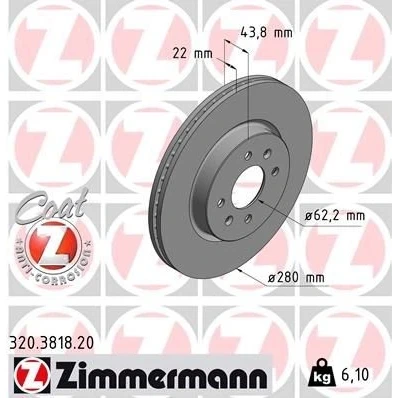 Bilde av ZIMMERMANN 320.3818.20 Bremseskiver 280 22 6/4 4 100 innvendig ventilert belagt