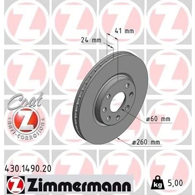 Bilde av ZIMMERMANN COAT Z 430.1490.20 Bremseskiver 260 24 7/4 4 100 innvendig ventilert belagt OPEL: Combo C Varebil / Stasjonsvogn, Meriva A