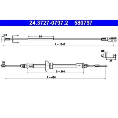 Bilde av ATE 24.3727 0797.2 Bremsekabel 1643, 498 OPEL: Vivaro A Combi, Van, NISSAN: Primastar Minibuss, RENAULT: TRAFIC 2 Bus