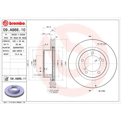 Bilde av BREMBO COATED DISC LINE 09.A966.11 Bremseskiver 340 32 5 innvendig ventilert belagt TOYOTA: Land Cruiser 200