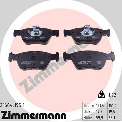Bilde av ZIMMERMANN 21664.195.1 Bremseklosser klargjort for slitasjeindikator Bildet viser leveranseinnholdet MERCEDES BENZ: E Klasse Sedan, T modell