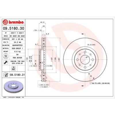 Bilde av BREMBO COATED DISC LINE 09.5180.31 Bremseskiver 281 26 4 innvendig ventilert belagt med skruer FIAT: BRAVO 2, Stilo Hatchback, ALFA ROMEO: MiTo