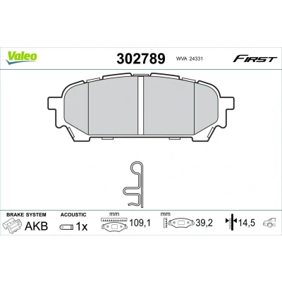 Bilde av VALEO 302789 Bremseklosser bakaksel ekskl. slitasjevarselkontakt uten skruer, antiskrike blikk SUBARU: Forester II, Impreza II Sedan