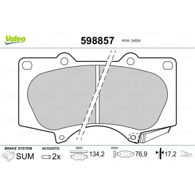 Bilde av VALEO 598857 Bremseklosser framaksel inkl. slitasjevarselkontakt med antihyle blikk TOYOTA: Land Cruiser Prado 120, 150