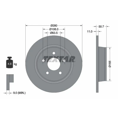 Bilde av TEXTAR PRO 92238903 Bremseskiver 280 11 05/05 108 fullt ut belagt uten hjulfestebolt, hjulnav FORD: Transit Connect V408 Van, KUGA 2, C Max 2