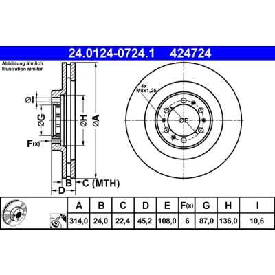 Bilde av ATE 24.0124 0724.1 Bremseskiver 314,0 24,0 6 108,0 ventilert belagt MITSUBISHI: L200 / Triton IV Pick up, PAJERO 2, III up
