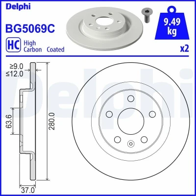 Bilde av DELPHI BG5069C Bremseskiver 280 12 5 fullt ut belagt høy karbon med hjullager, uten ABS sensorring VOLVO: XC40