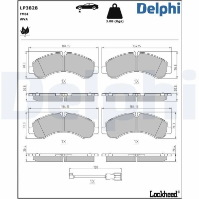 Bilde av DELPHI LP3828 Bremseklosser inkl. slitasjevarselkontakt med antihyle blikk tilbehør