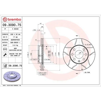 Bilde av BREMBO MAX LINE 09.3090.75 Bremseskiver 236 20 4 innvendig ventilert, med sliss belagt skruer DAEWOO: Lanos Sedan