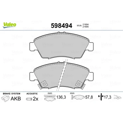 Bilde av VALEO 598494 Bremseklosser framaksel inkl. slitasjevarselkontakt uten antiskrike blikk HONDA: CIVIC 6 Coupe, 7 Hatchback, CRX 3