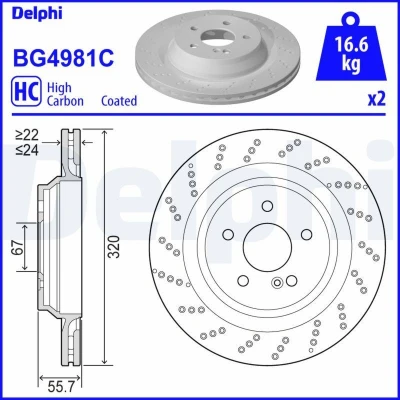 Bilde av DELPHI BG4981C Bremseskiver 320 24 5 ventilert, hullet belagt høy karbon uten hjullager, ABS sensorring MERCEDES BENZ: SL Cabrio