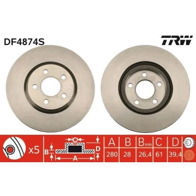 Bilde av TRW DF4874S Bremseskiver 280 28 5 100 ventilert spraylakkert CHRYSLER: PT Cruiser Stasjonsvogn