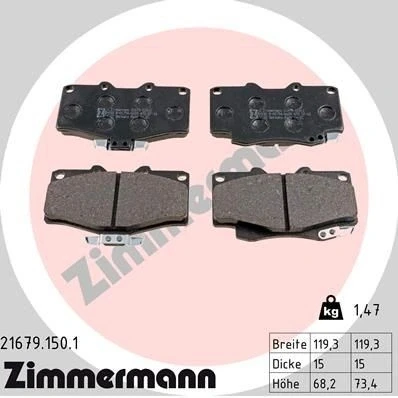 Bilde av ZIMMERMANN 21679.150.1 Bremseklosser med akustisk slitasjevarsel Bildet viser leveranseinnholdet TOYOTA: Land Cruiser Prado 90, HILUX 5 Pick up