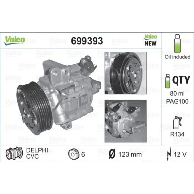 Bilde av VALEO NEW ORIGINAL PART 699393 Kompressor DKV06R 12 PAG 100 R 134a med kompressorlje PEUGEOT: 107 Hatchback