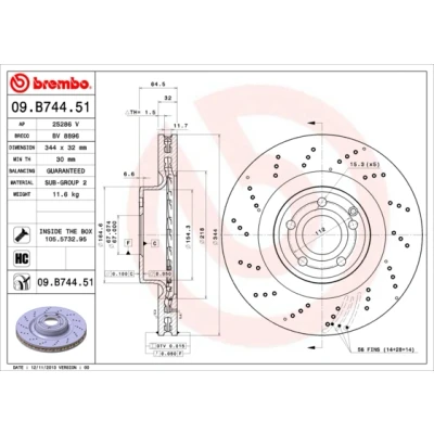 Bilde av BREMBO COATED DISC LINE 09.B744.51 Bremseskiver 344 32 5 perforert / ventilert belagt høy karbon med skruer MERCEDES BENZ: E Klasse T modell