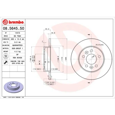 Bilde av BREMBO 08.5645.50 Bremseskiver 265 10,5 5 fullt ut med skruer