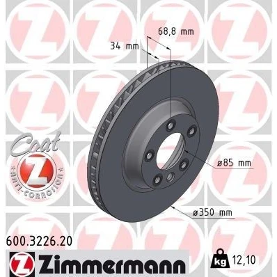 Bilde av ZIMMERMANN COAT Z 600.3226.20 Bremseskiver 350 34 6/5 5 130 innvendig ventilert belagt høy karbon PORSCHE: Cayenne, AUDI: Q7, VOLKSWAGEN: Touareg I