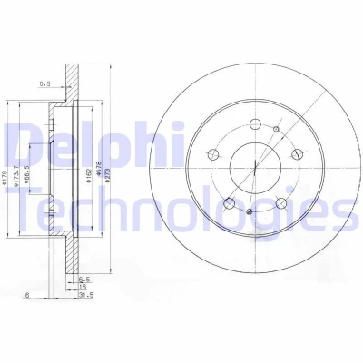 Bilde av DELPHI BG3607 Bremseskiver 273 16 5 fullt ut oljet ubehandlet uten hjullager, ABS sensorring DAIHATSU: Terios II