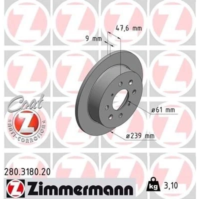 Bilde av ZIMMERMANN COAT Z 280.3180.20 Bremseskiver 239 9 8/4 4 100 fullt ut belagt HONDA: Jazz 2, CIVIC 6 Coupe, 3
