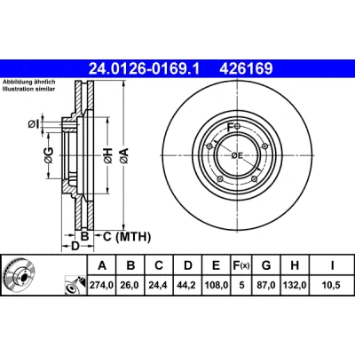 Bilde av ATE 24.0126 0169.1 Bremseskiver 274,0 26,0 5 108,0 ventilert belagt HYUNDAI: H 1 Cargo, / Starex MPV