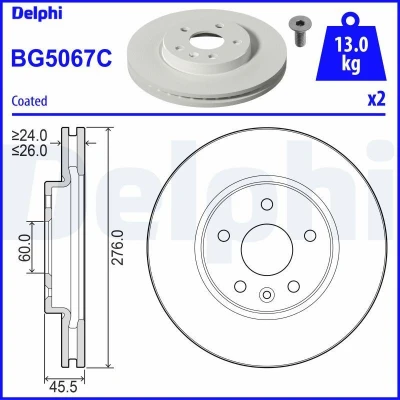 Bilde av DELPHI BG5067C Bremseskiver 276 26 5 ventilert belagt ubehandlet uten hjullager, ABS sensorring OPEL: Ampera e, Astra K Sports Tourer