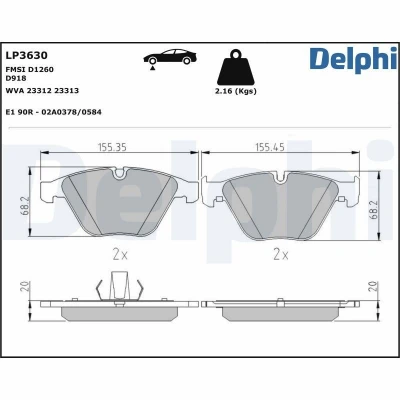 Bilde av DELPHI LP3630 Bremseklosser klargjort for slitasjeindikator med antihyle blikk uten tilbehør BMW: 3 Touring, Sedan, 5 Touring