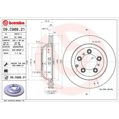 Bilde av BREMBO 09.C988.21 Bremseskiver 330 26 5 innvendig ventilert belagt høy karbon med skruer